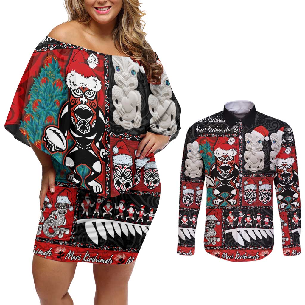 New Zealand Christmas Couples Matching Off Shoulder Short Dress and Long Sleeve Button Shirt Maori Christmas Spirit - Meri Kirihimete LT03 Black - Polynesian Pride