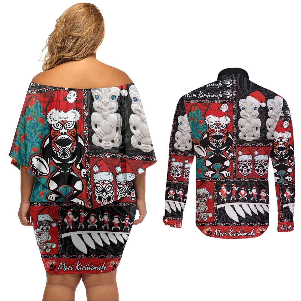 New Zealand Christmas Couples Matching Off Shoulder Short Dress and Long Sleeve Button Shirt Maori Christmas Spirit - Meri Kirihimete LT03 - Polynesian Pride