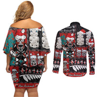 New Zealand Christmas Couples Matching Off Shoulder Short Dress and Long Sleeve Button Shirt Maori Christmas Spirit - Meri Kirihimete LT03 - Polynesian Pride