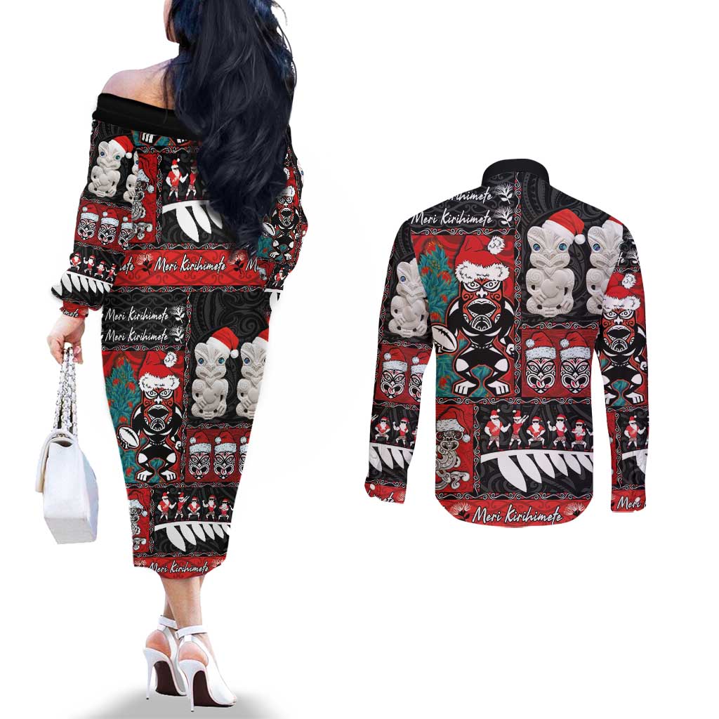 New Zealand Christmas Couples Matching Off The Shoulder Long Sleeve Dress and Long Sleeve Button Shirt Maori Christmas Spirit - Meri Kirihimete LT03 - Polynesian Pride