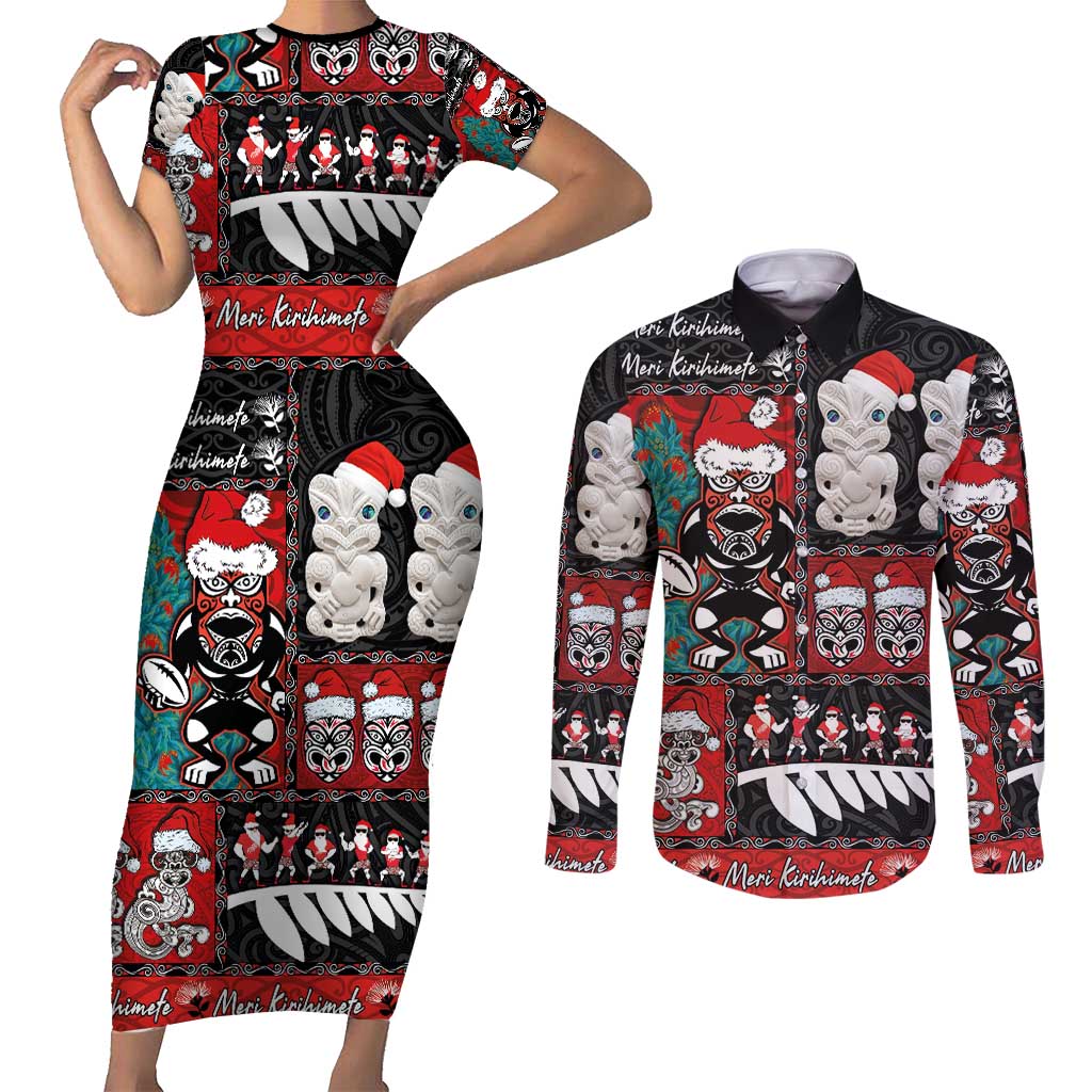 New Zealand Christmas Couples Matching Short Sleeve Bodycon Dress and Long Sleeve Button Shirt Maori Christmas Spirit - Meri Kirihimete LT03 Black - Polynesian Pride