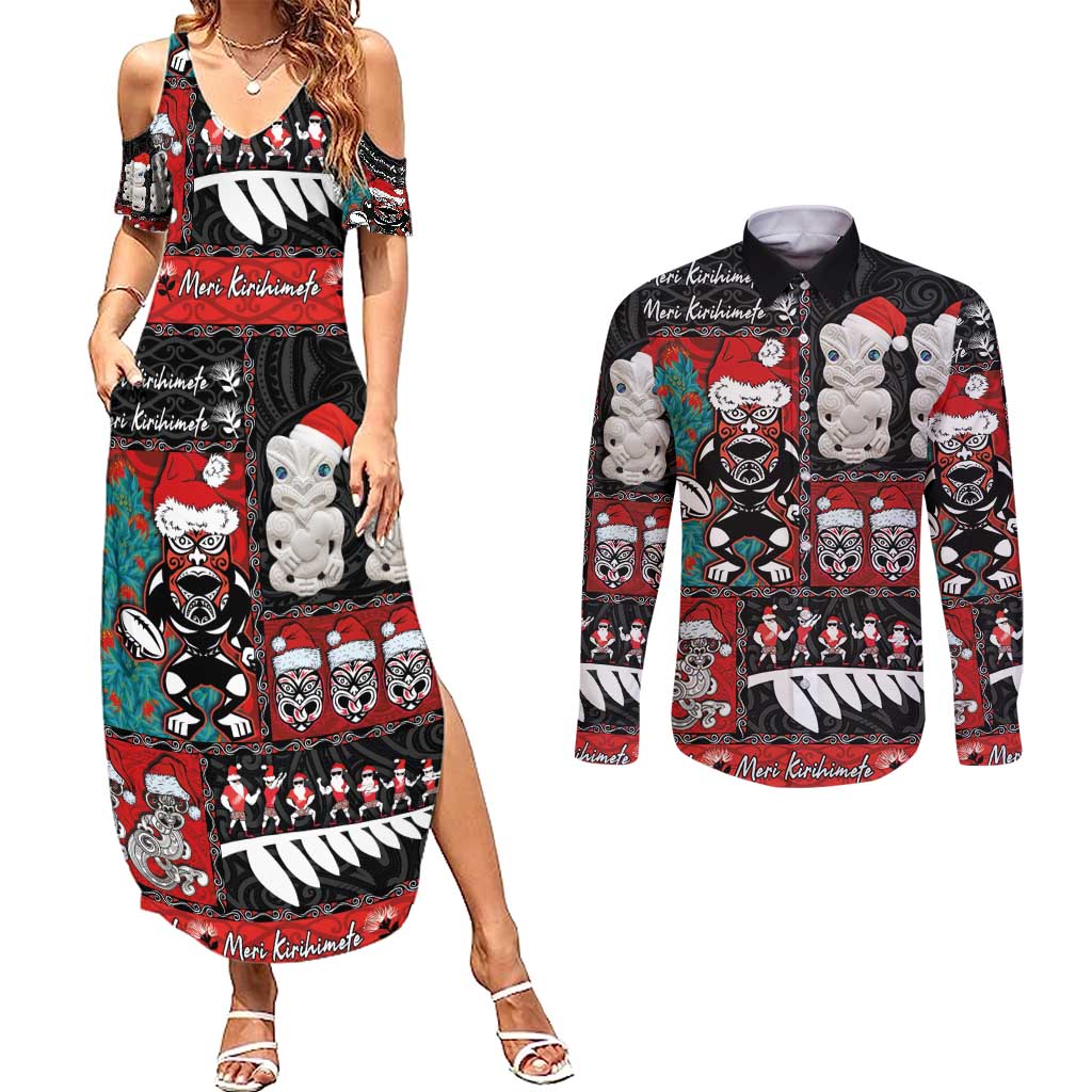New Zealand Christmas Couples Matching Summer Maxi Dress and Long Sleeve Button Shirt Maori Christmas Spirit - Meri Kirihimete LT03 Black - Polynesian Pride
