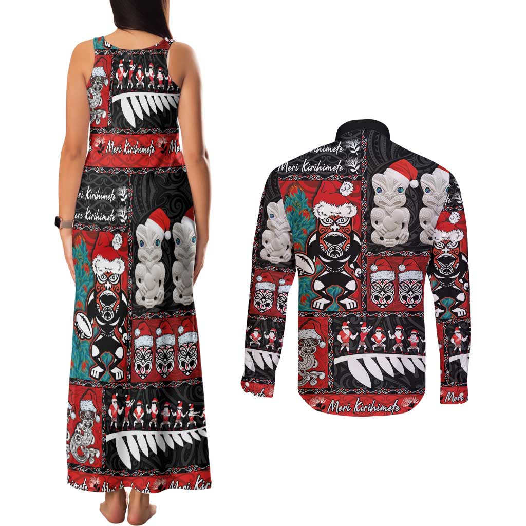 New Zealand Christmas Couples Matching Tank Maxi Dress and Long Sleeve Button Shirt Maori Christmas Spirit - Meri Kirihimete LT03 - Polynesian Pride