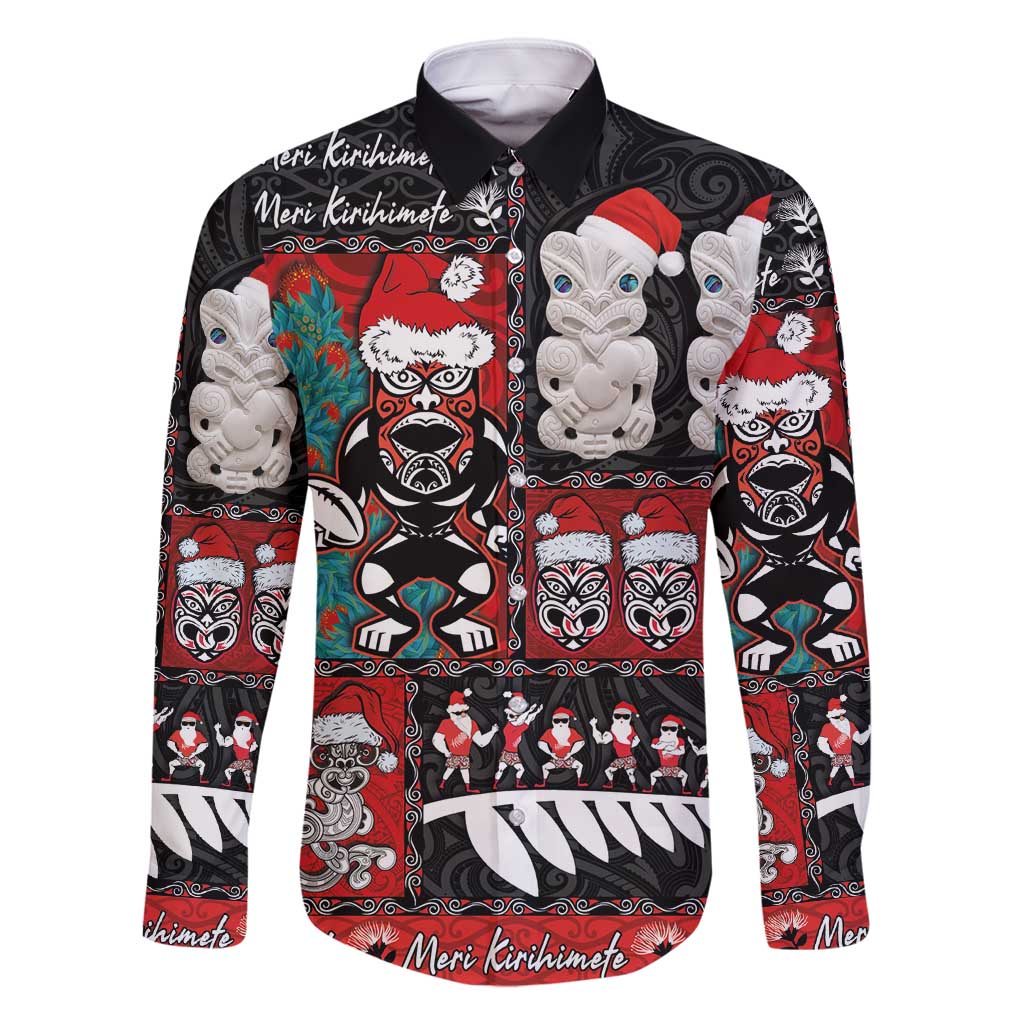 New Zealand Christmas Family Matching Long Sleeve Bodycon Dress and Hawaiian Shirt Maori Christmas Spirit - Meri Kirihimete LT03 Dad's Shirt - Long Sleeve Black - Polynesian Pride