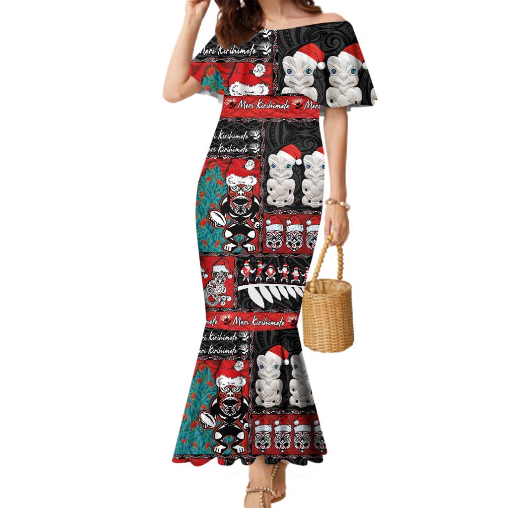 New Zealand Christmas Family Matching Mermaid Dress and Hawaiian Shirt Maori Christmas Spirit - Meri Kirihimete LT03 Mom's Dress Black - Polynesian Pride