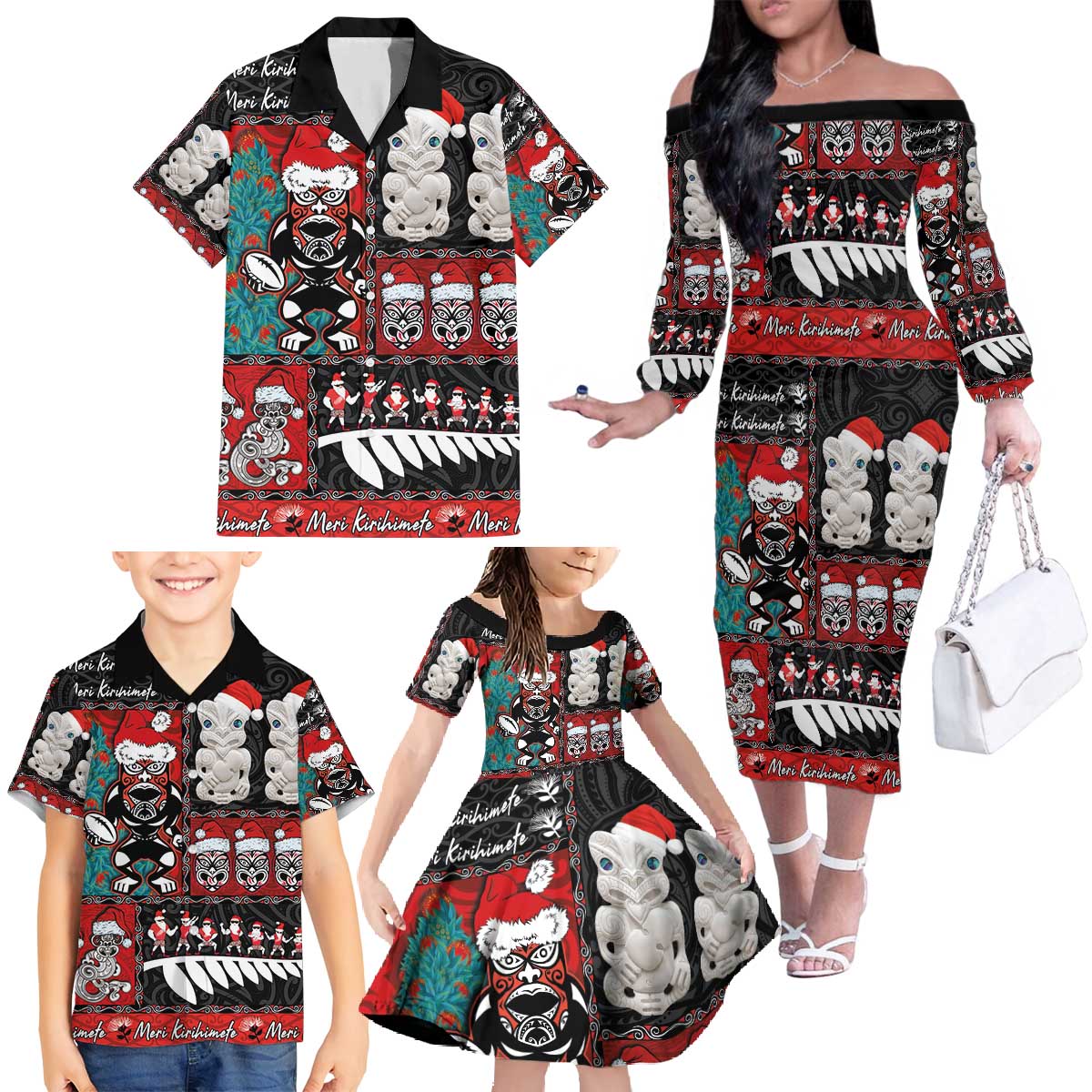 New Zealand Christmas Family Matching Off The Shoulder Long Sleeve Dress and Hawaiian Shirt Maori Christmas Spirit - Meri Kirihimete LT03 - Polynesian Pride