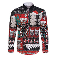 New Zealand Christmas Family Matching Off Shoulder Maxi Dress and Hawaiian Shirt Maori Christmas Spirit - Meri Kirihimete LT03 Dad's Shirt - Long Sleeve Black - Polynesian Pride