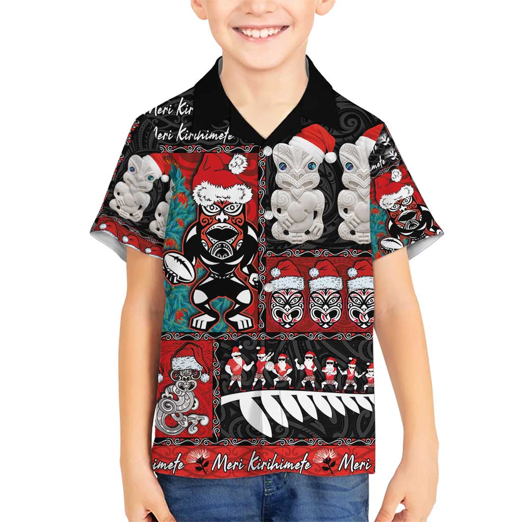 New Zealand Christmas Family Matching Off Shoulder Maxi Dress and Hawaiian Shirt Maori Christmas Spirit - Meri Kirihimete LT03 Son's Shirt Black - Polynesian Pride