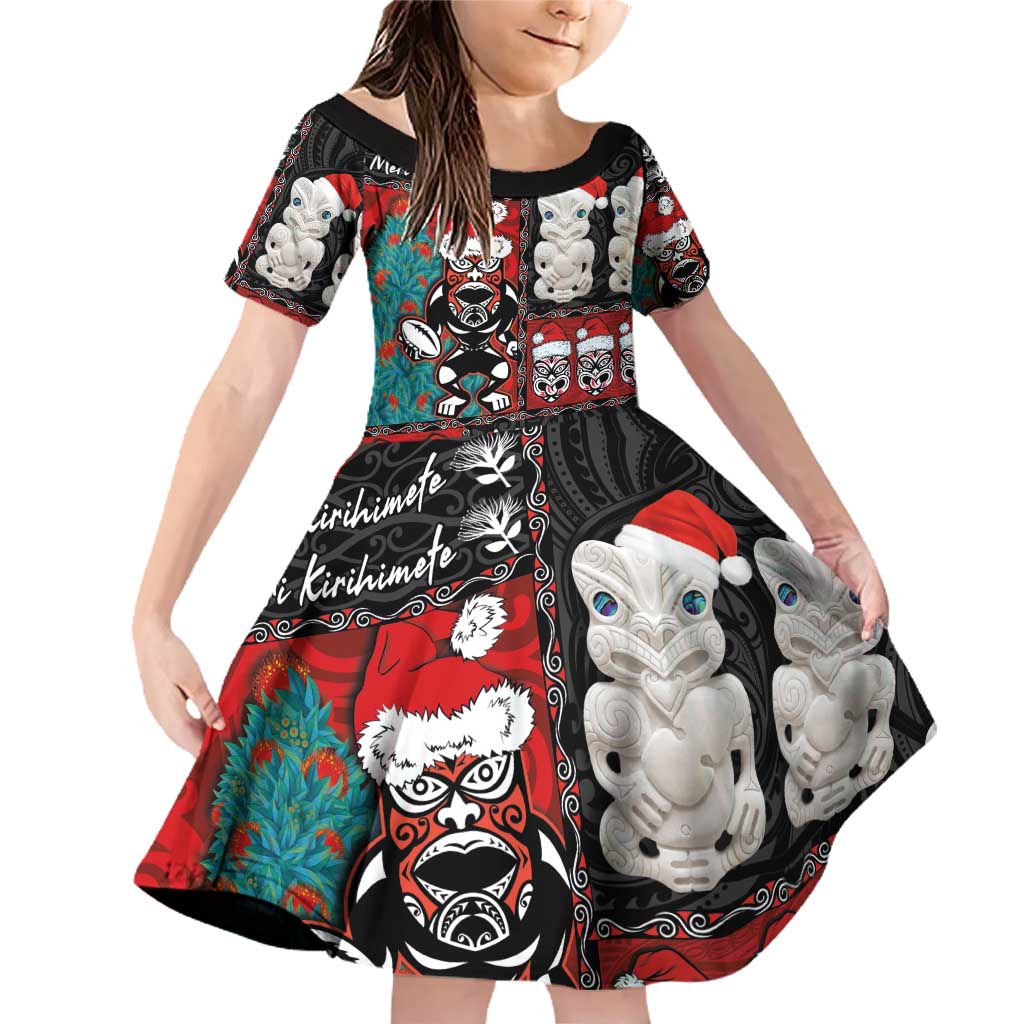 New Zealand Christmas Family Matching Off Shoulder Short Dress and Hawaiian Shirt Maori Christmas Spirit - Meri Kirihimete LT03 Daughter's Dress Black - Polynesian Pride