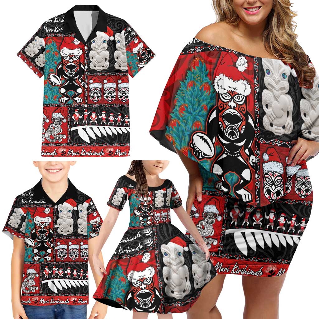 New Zealand Christmas Family Matching Off Shoulder Short Dress and Hawaiian Shirt Maori Christmas Spirit - Meri Kirihimete LT03 - Polynesian Pride