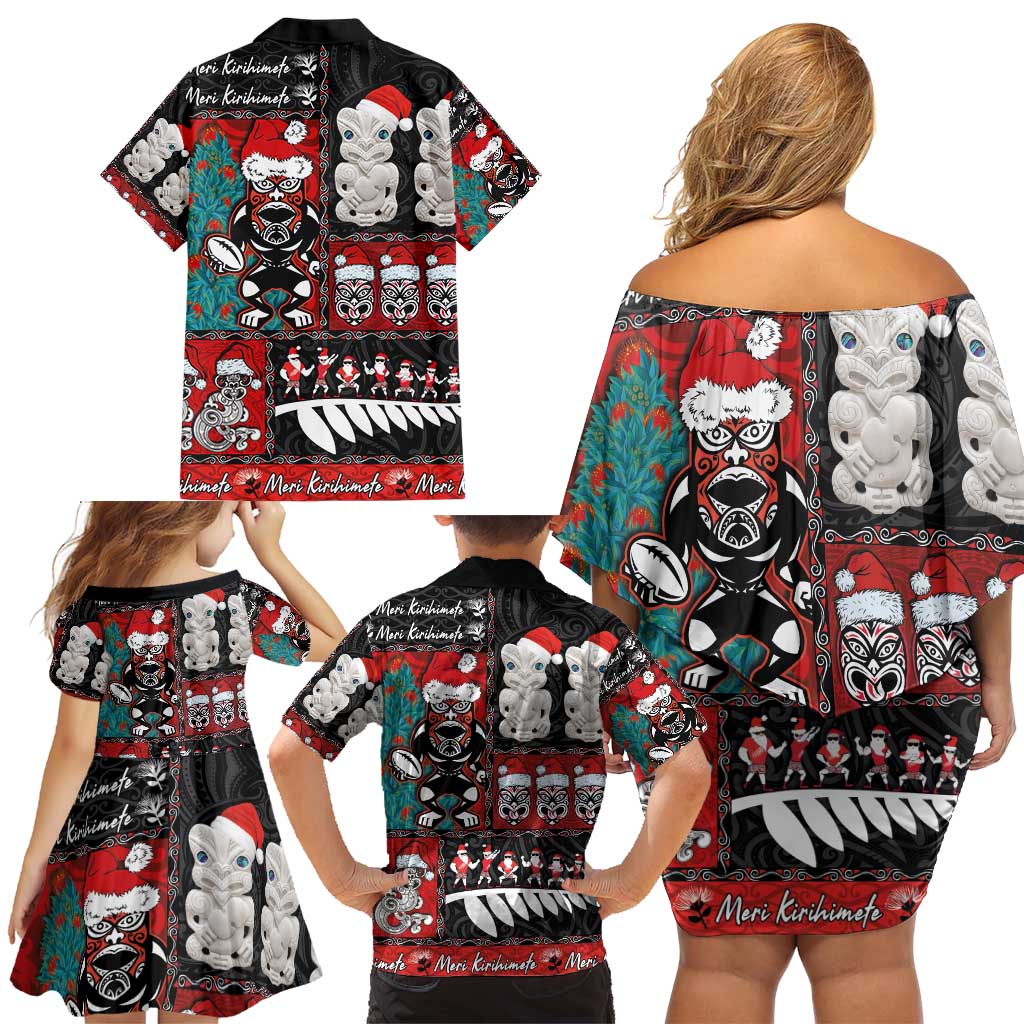 New Zealand Christmas Family Matching Off Shoulder Short Dress and Hawaiian Shirt Maori Christmas Spirit - Meri Kirihimete LT03 - Polynesian Pride
