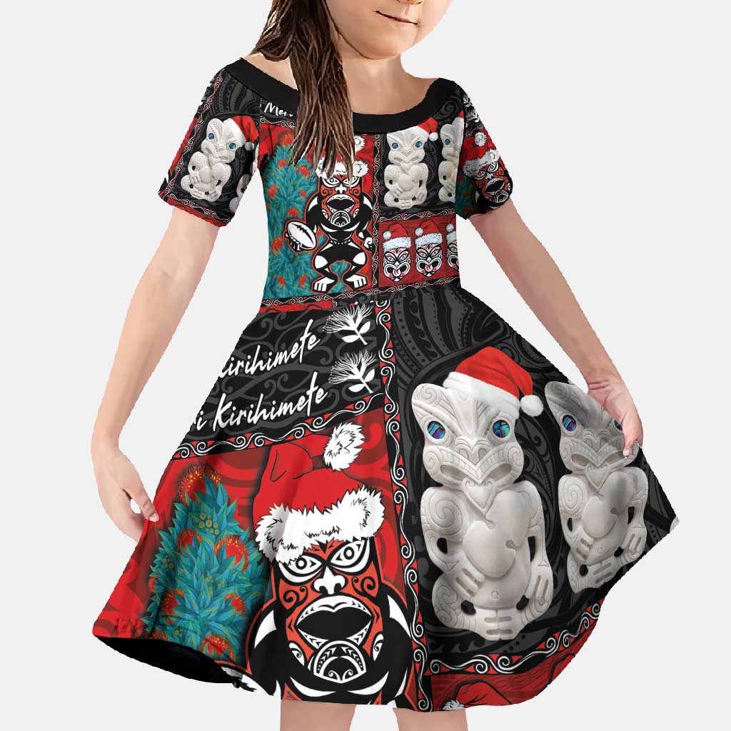 New Zealand Christmas Family Matching Summer Maxi Dress and Hawaiian Shirt Maori Christmas Spirit - Meri Kirihimete LT03 Daughter's Dress Black - Polynesian Pride