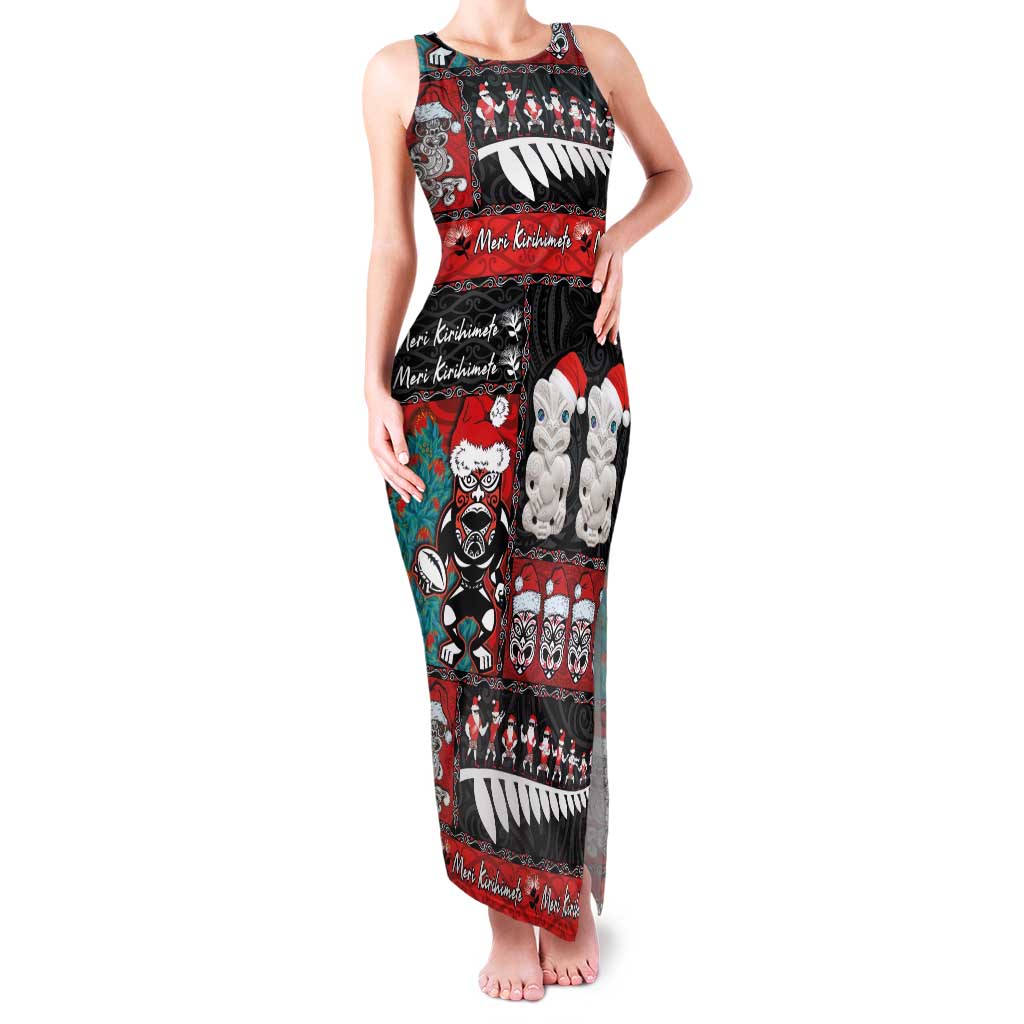 New Zealand Christmas Family Matching Tank Maxi Dress and Hawaiian Shirt Maori Christmas Spirit - Meri Kirihimete LT03 Mom's Dress Black - Polynesian Pride