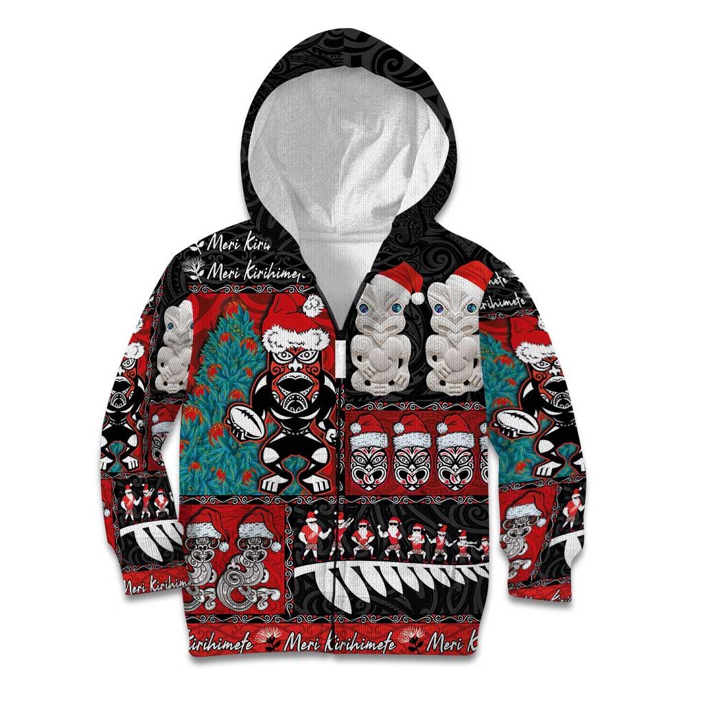 New Zealand Christmas Kid Hoodie Maori Christmas Spirit - Meri Kirihimete LT03 Zip Hoodie Black - Polynesian Pride