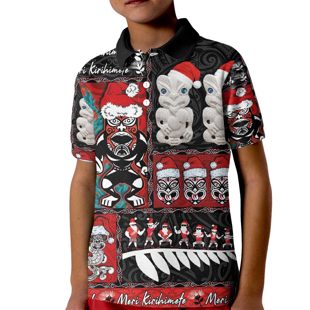 New Zealand Christmas Kid Polo Shirt Maori Christmas Spirit - Meri Kirihimete LT03 Kid Black - Polynesian Pride