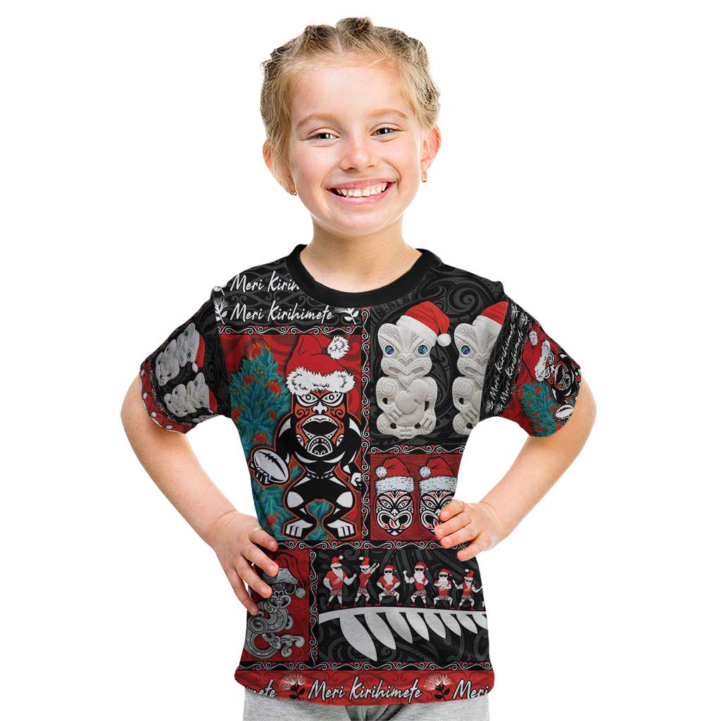 New Zealand Christmas Kid T Shirt Maori Christmas Spirit - Meri Kirihimete LT03 Black - Polynesian Pride