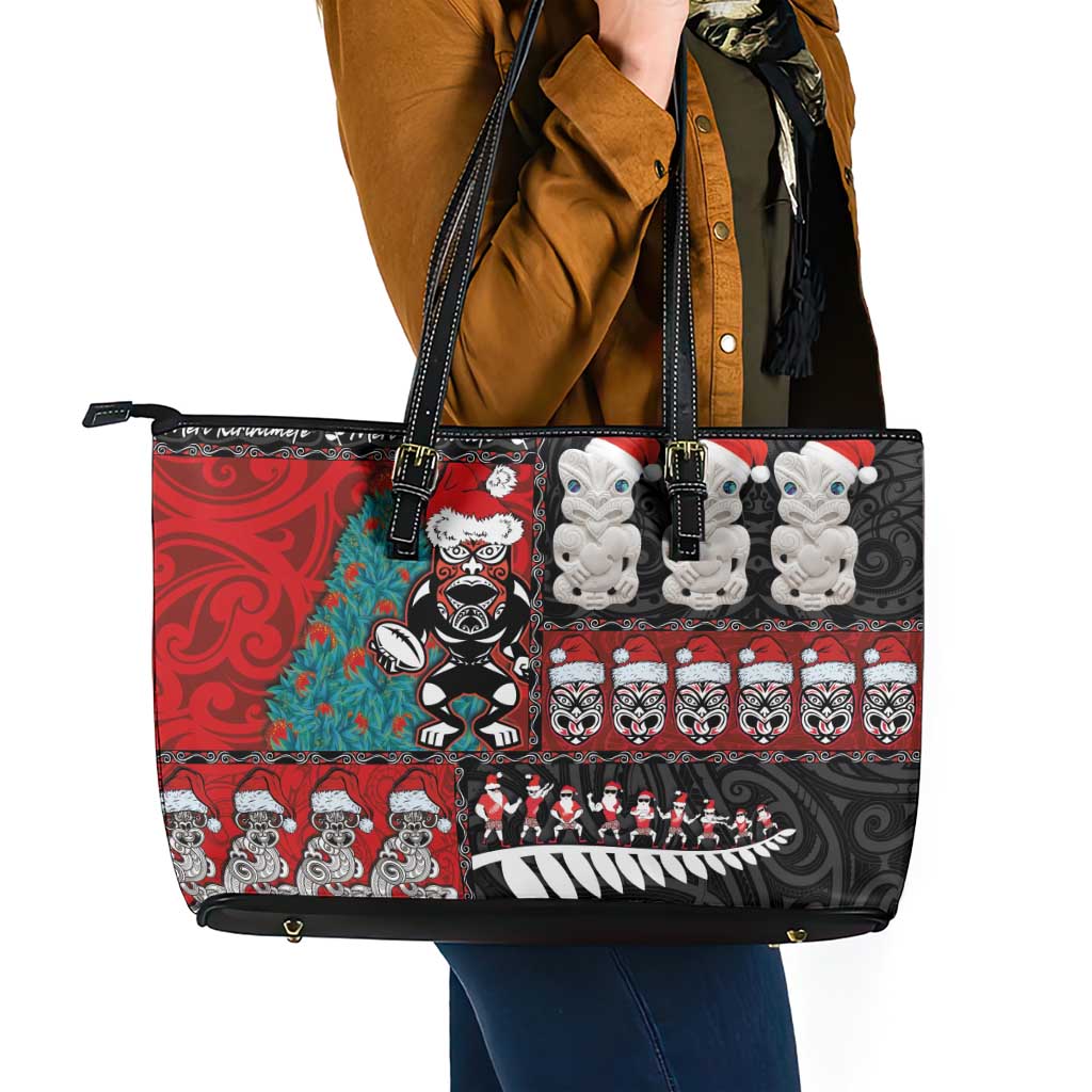 New Zealand Christmas Leather Tote Bag Maori Christmas Spirit - Meri Kirihimete LT03 - Polynesian Pride