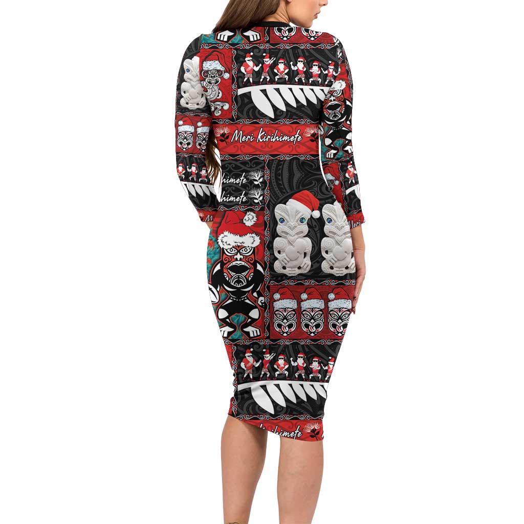 New Zealand Christmas Long Sleeve Bodycon Dress Maori Christmas Spirit - Meri Kirihimete LT03 - Polynesian Pride