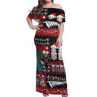 New Zealand Christmas Off Shoulder Maxi Dress Maori Christmas Spirit - Meri Kirihimete LT03 Women Black - Polynesian Pride