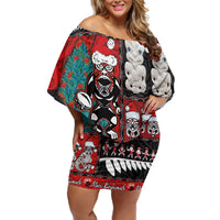 New Zealand Christmas Off Shoulder Short Dress Maori Christmas Spirit - Meri Kirihimete LT03 Women Black - Polynesian Pride