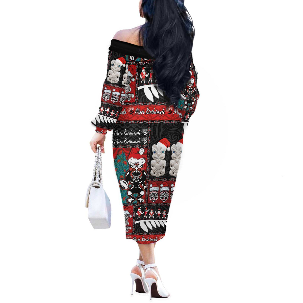 New Zealand Christmas Off The Shoulder Long Sleeve Dress Maori Christmas Spirit - Meri Kirihimete LT03 - Polynesian Pride