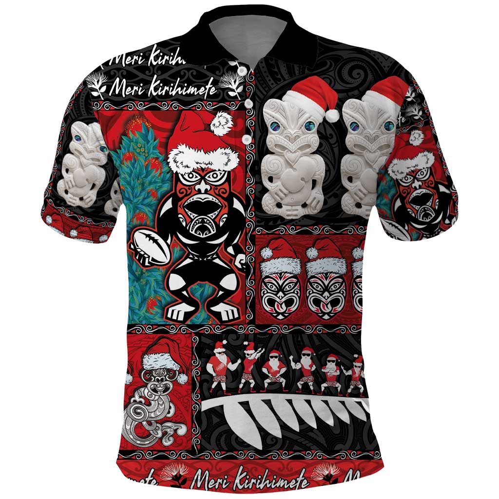 New Zealand Christmas Polo Shirt Maori Christmas Spirit - Meri Kirihimete LT03 Black - Polynesian Pride