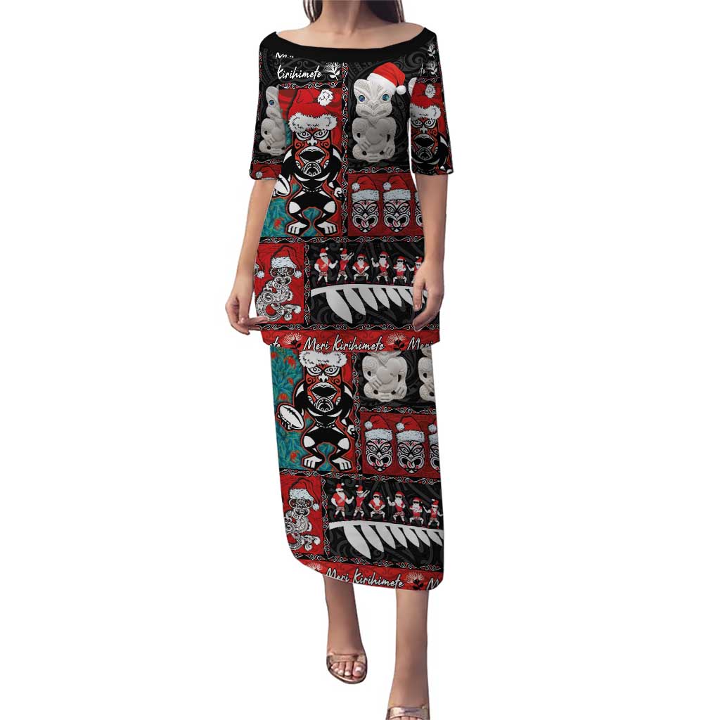 New Zealand Christmas Puletasi Maori Christmas Spirit - Meri Kirihimete LT03 Long Dress Black - Polynesian Pride