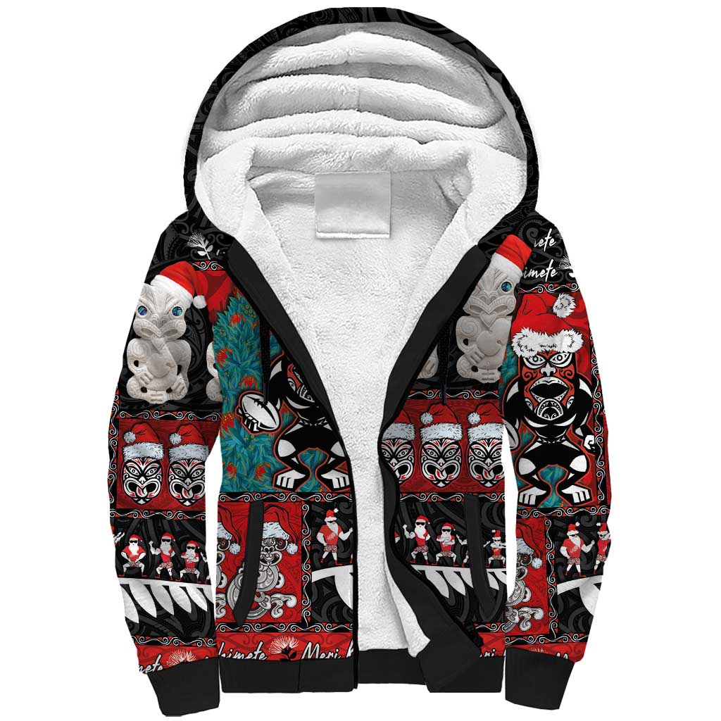 New Zealand Christmas Sherpa Hoodie Maori Christmas Spirit - Meri Kirihimete LT03 Unisex Black - Polynesian Pride
