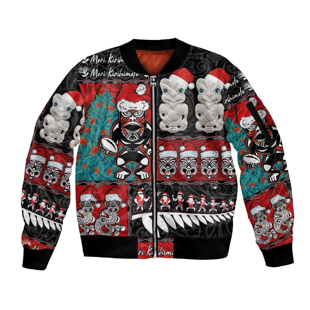 New Zealand Christmas Sleeve Zip Bomber Jacket Maori Christmas Spirit - Meri Kirihimete LT03 Unisex Black - Polynesian Pride
