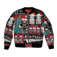 New Zealand Christmas Sleeve Zip Bomber Jacket Maori Christmas Spirit - Meri Kirihimete LT03 Unisex Black - Polynesian Pride