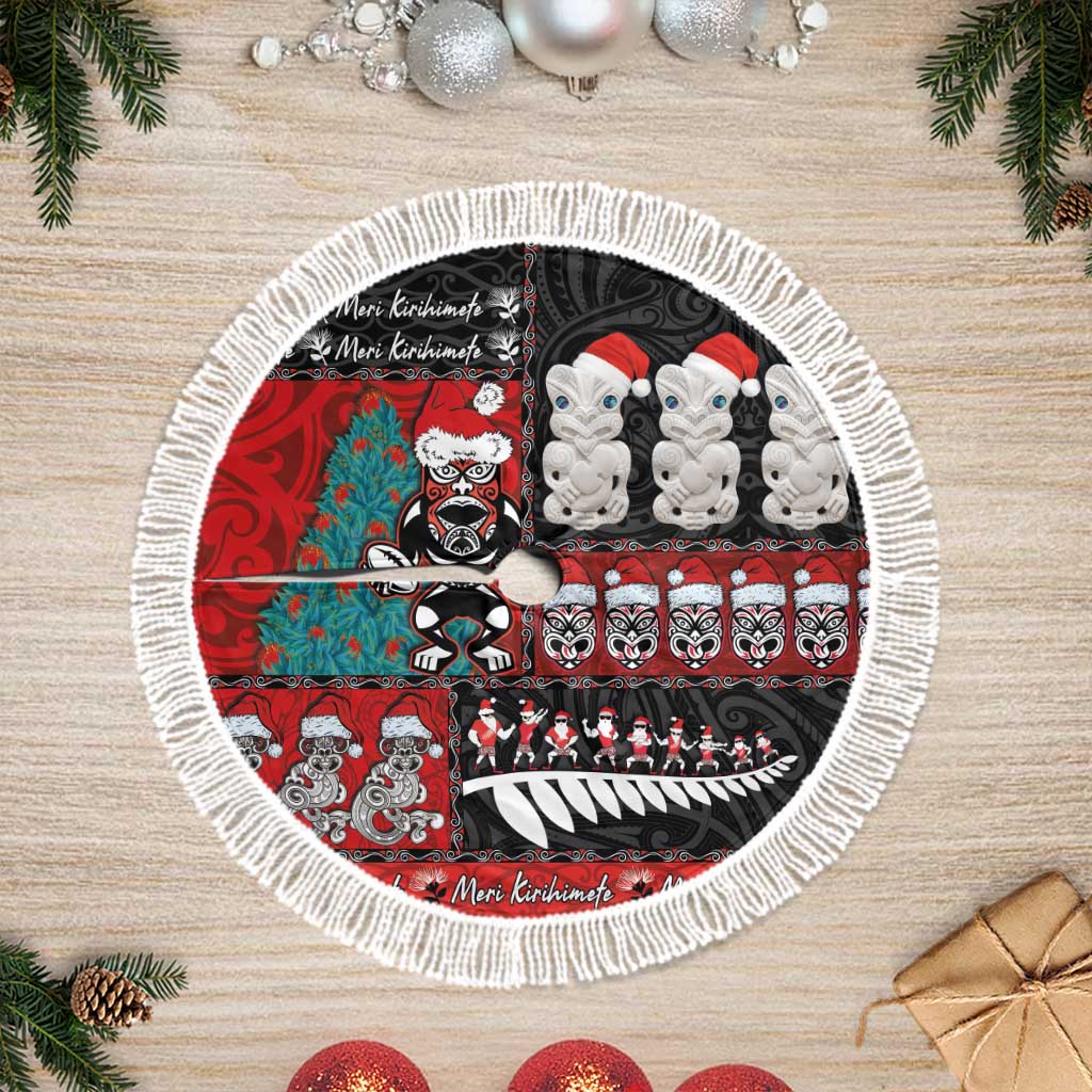 New Zealand Christmas Tree Skirt Maori Christmas Spirit - Meri Kirihimete LT03 Fringed Black - Polynesian Pride