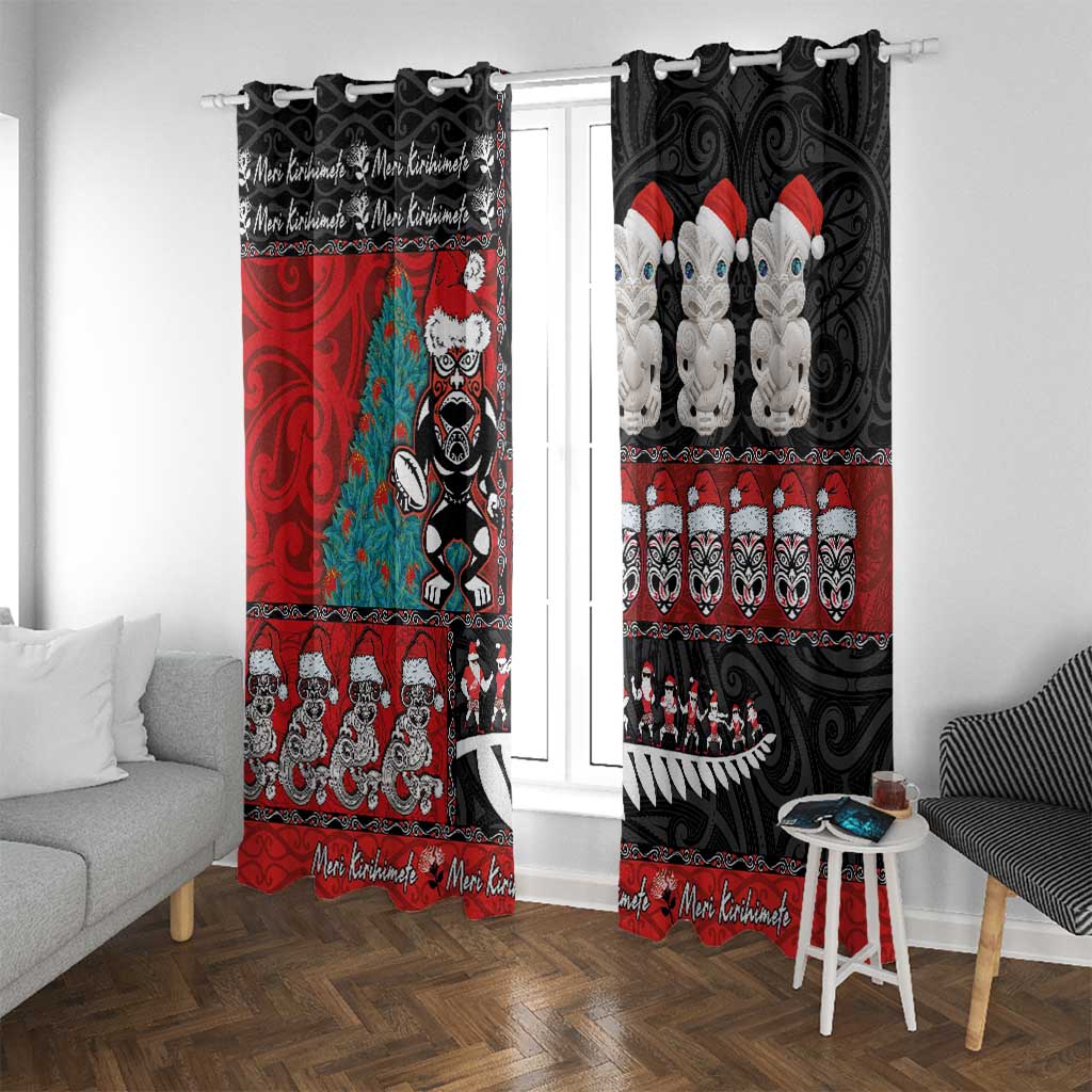 New Zealand Christmas Window Curtain Maori Christmas Spirit - Meri Kirihimete LT03 With Grommets Black - Polynesian Pride