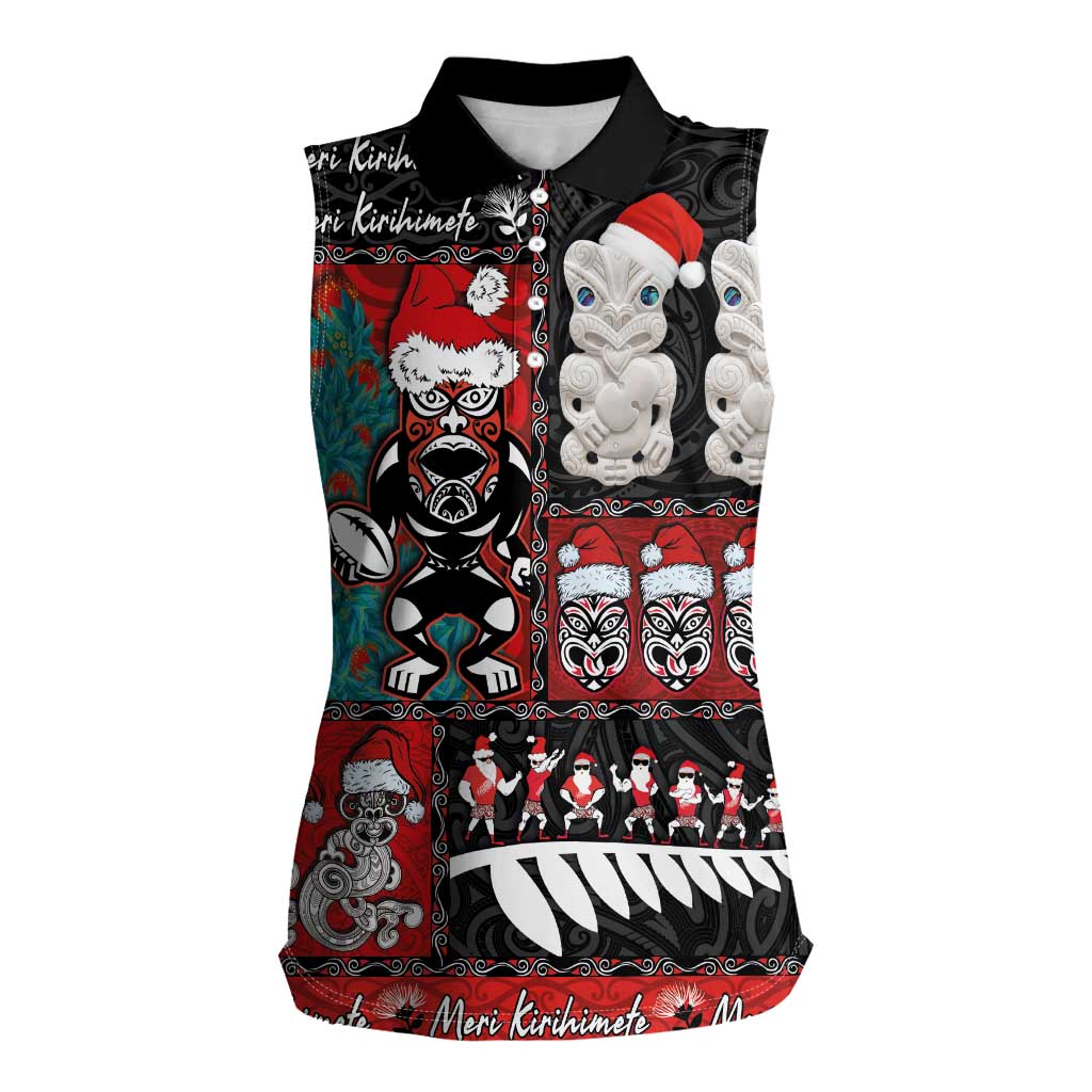 New Zealand Christmas Women Sleeveless Polo Shirt Maori Christmas Spirit - Meri Kirihimete LT03 Female Black - Polynesian Pride