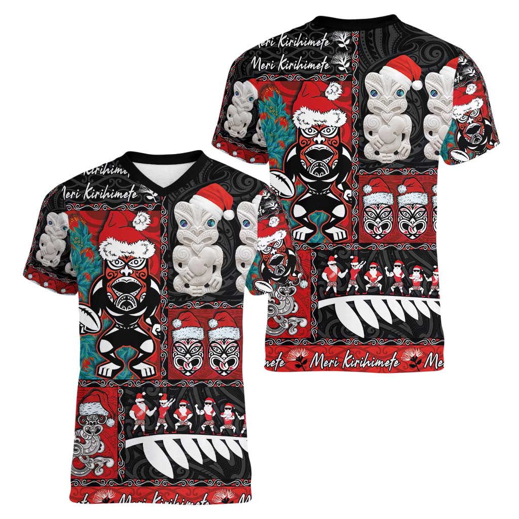 New Zealand Christmas Women V-Neck T-Shirt Maori Christmas Spirit - Meri Kirihimete LT03 - Polynesian Pride