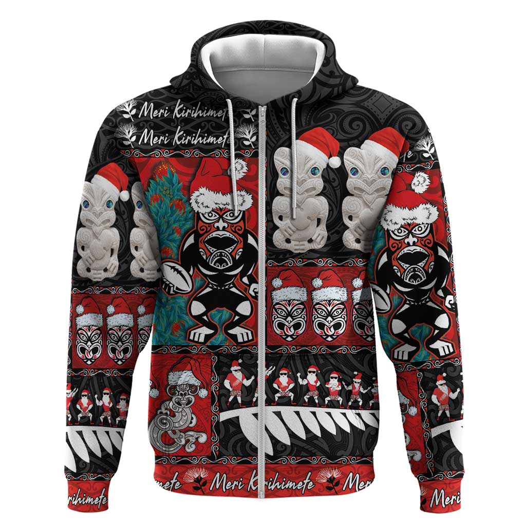 New Zealand Christmas Zip Hoodie Maori Christmas Spirit - Meri Kirihimete LT03 Zip Hoodie Black - Polynesian Pride
