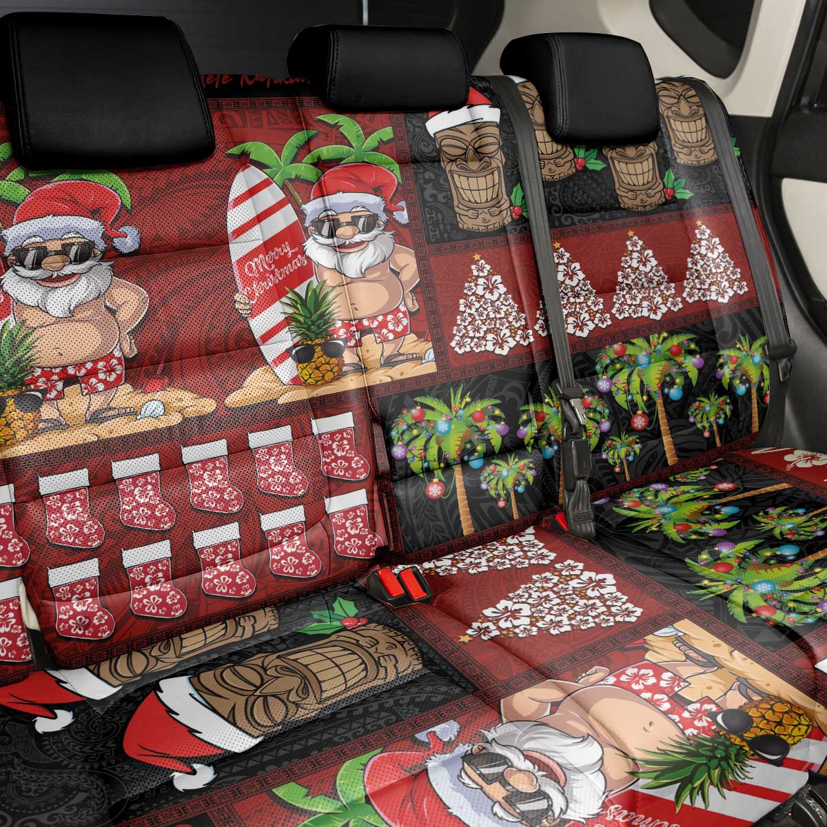 Hawaiian Christmas Back Car Seat Cover - Mele Kalikimaka Island Holiday Vibes - Black Red LT03 - Polynesian Pride