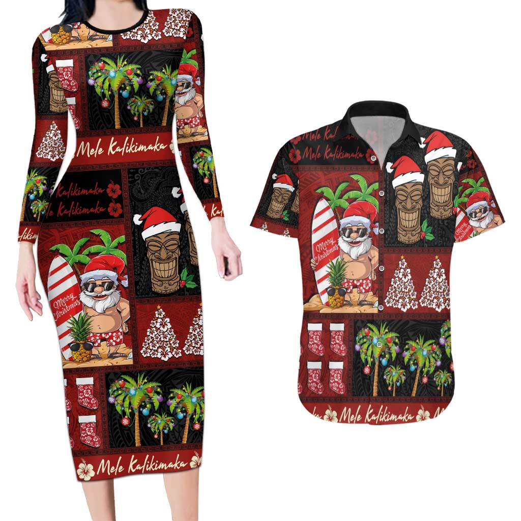 Hawaiian Christmas Couples Matching Long Sleeve Bodycon Dress and Hawaiian Shirt - Mele Kalikimaka Island Holiday Vibes - Black Red LT03 Black - Red - Polynesian Pride