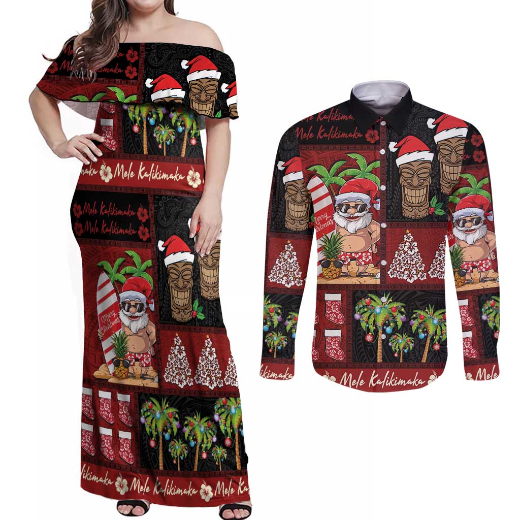 Hawaiian Christmas Couples Matching Off Shoulder Maxi Dress and Long Sleeve Button Shirt - Mele Kalikimaka Island Holiday Vibes - Black Red LT03 Black - Red - Polynesian Pride