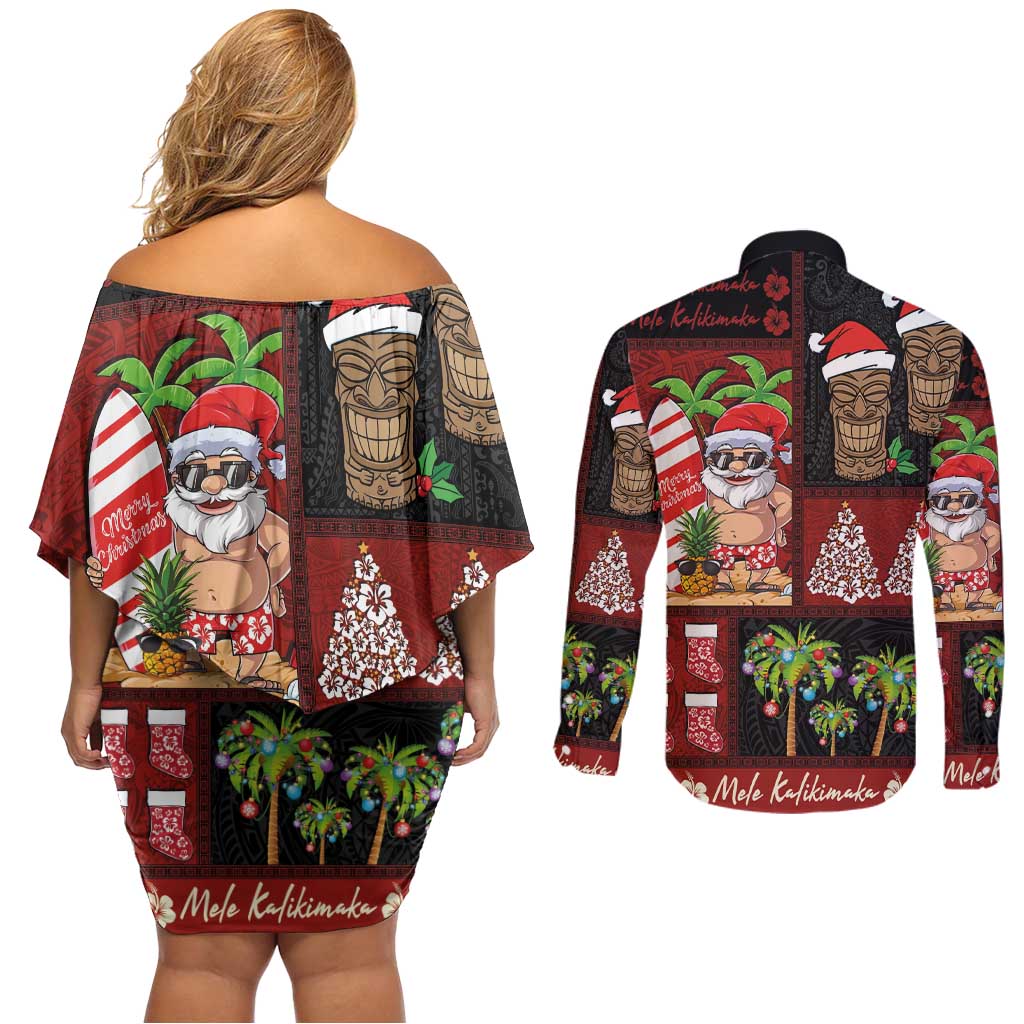 Hawaiian Christmas Couples Matching Off Shoulder Short Dress and Long Sleeve Button Shirt - Mele Kalikimaka Island Holiday Vibes - Black Red LT03 - Polynesian Pride
