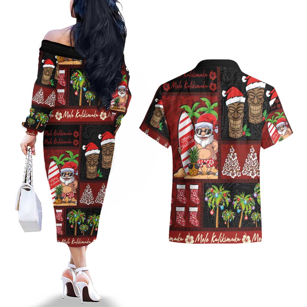 Hawaiian Christmas Couples Matching Off The Shoulder Long Sleeve Dress and Hawaiian Shirt - Mele Kalikimaka Island Holiday Vibes - Black Red LT03 - Polynesian Pride