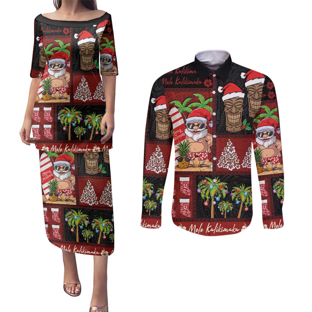 Hawaiian Christmas Couples Matching Puletasi and Long Sleeve Button Shirt - Mele Kalikimaka Island Holiday Vibes - Black Red LT03 Black - Red - Polynesian Pride