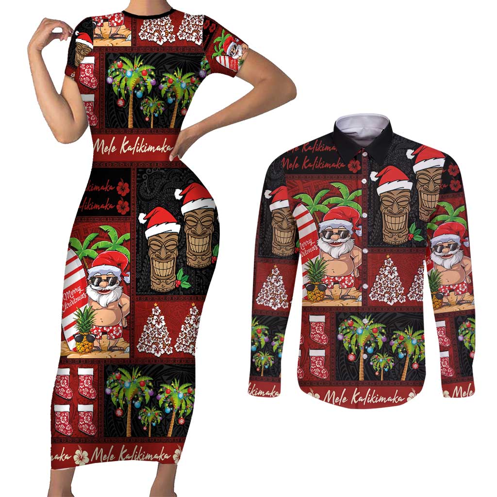 Hawaiian Christmas Couples Matching Short Sleeve Bodycon Dress and Long Sleeve Button Shirt - Mele Kalikimaka Island Holiday Vibes - Black Red LT03 Black - Red - Polynesian Pride