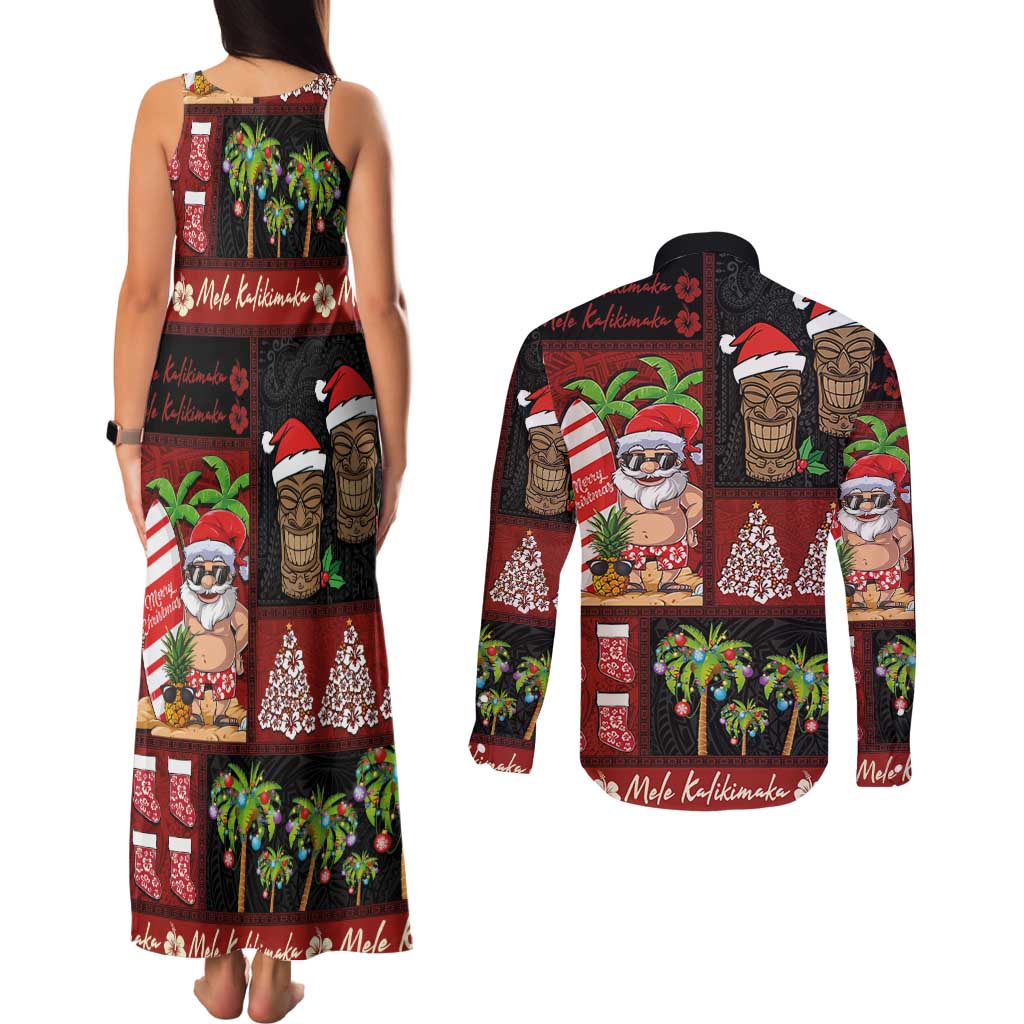 Hawaiian Christmas Couples Matching Tank Maxi Dress and Long Sleeve Button Shirt - Mele Kalikimaka Island Holiday Vibes - Black Red LT03 - Polynesian Pride