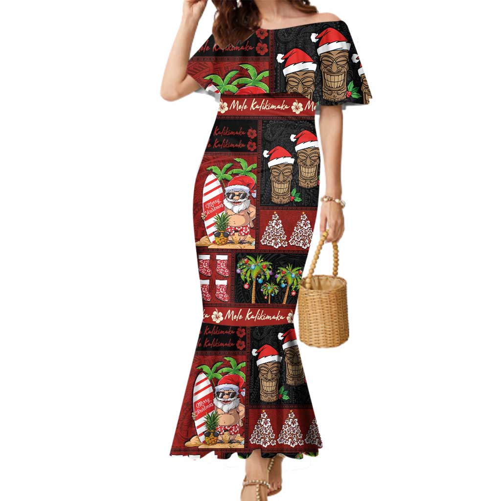 Hawaiian Christmas Family Matching Mermaid Dress and Hawaiian Shirt - Mele Kalikimaka Island Holiday Vibes - Black Red LT03 Mom's Dress Black - Red - Polynesian Pride