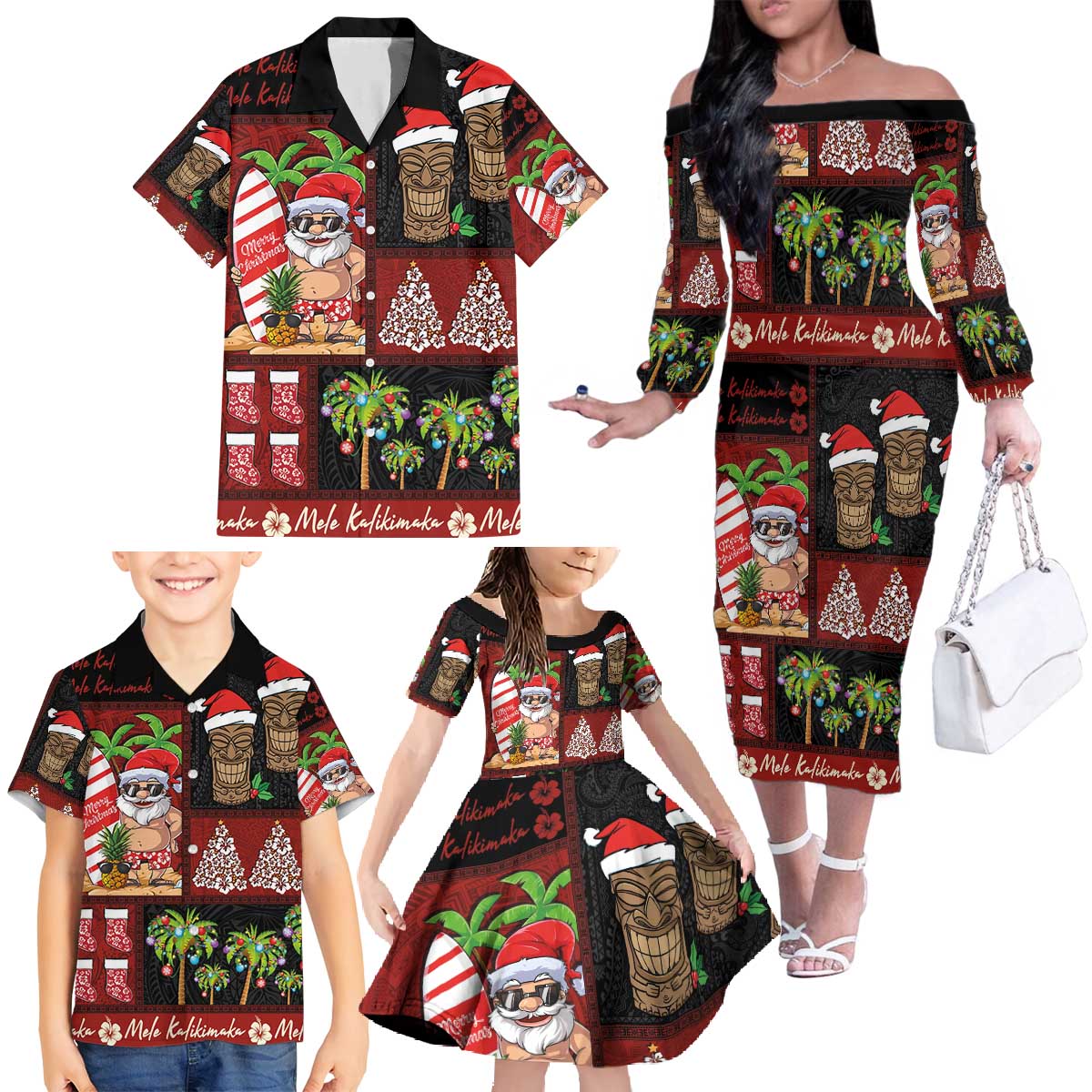 Hawaiian Christmas Family Matching Off The Shoulder Long Sleeve Dress and Hawaiian Shirt - Mele Kalikimaka Island Holiday Vibes - Black Red LT03 - Polynesian Pride