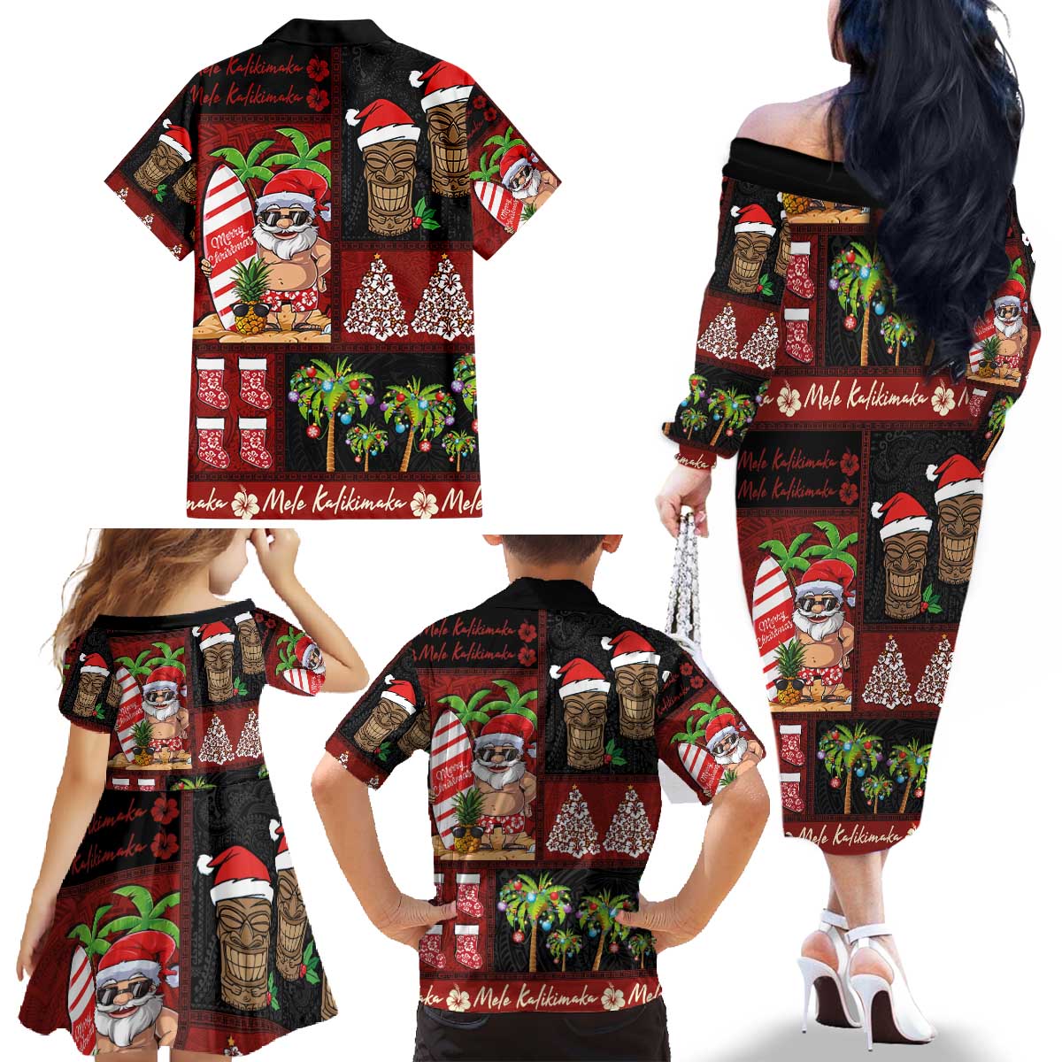 Hawaiian Christmas Family Matching Off The Shoulder Long Sleeve Dress and Hawaiian Shirt - Mele Kalikimaka Island Holiday Vibes - Black Red LT03 - Polynesian Pride