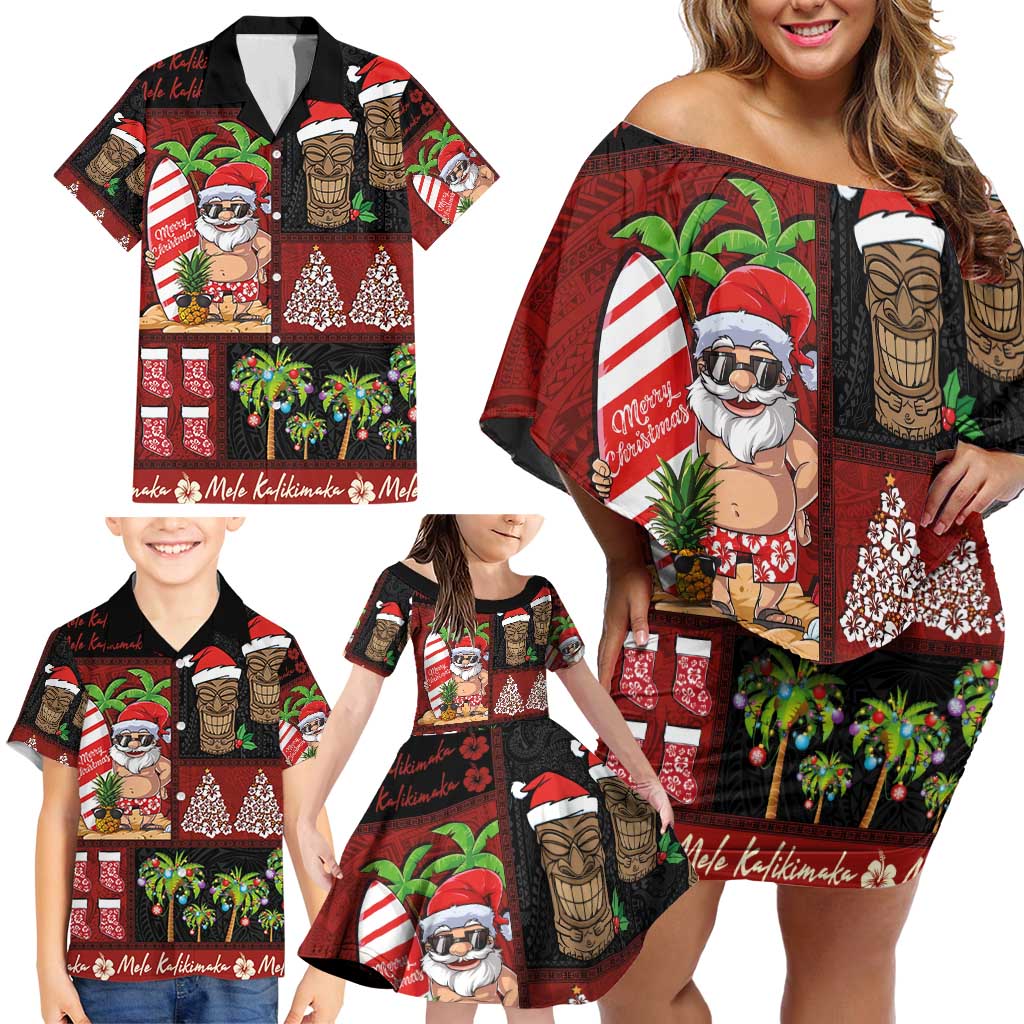 Hawaiian Christmas Family Matching Off Shoulder Short Dress and Hawaiian Shirt - Mele Kalikimaka Island Holiday Vibes - Black Red LT03 - Polynesian Pride