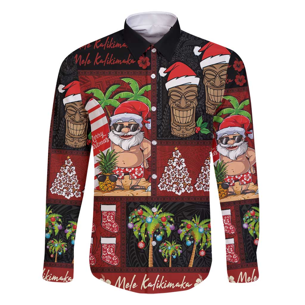 Hawaiian Christmas Family Matching Off Shoulder Short Dress and Hawaiian Shirt - Mele Kalikimaka Island Holiday Vibes - Black Red LT03 Dad's Shirt - Long Sleeve Black - Red - Polynesian Pride