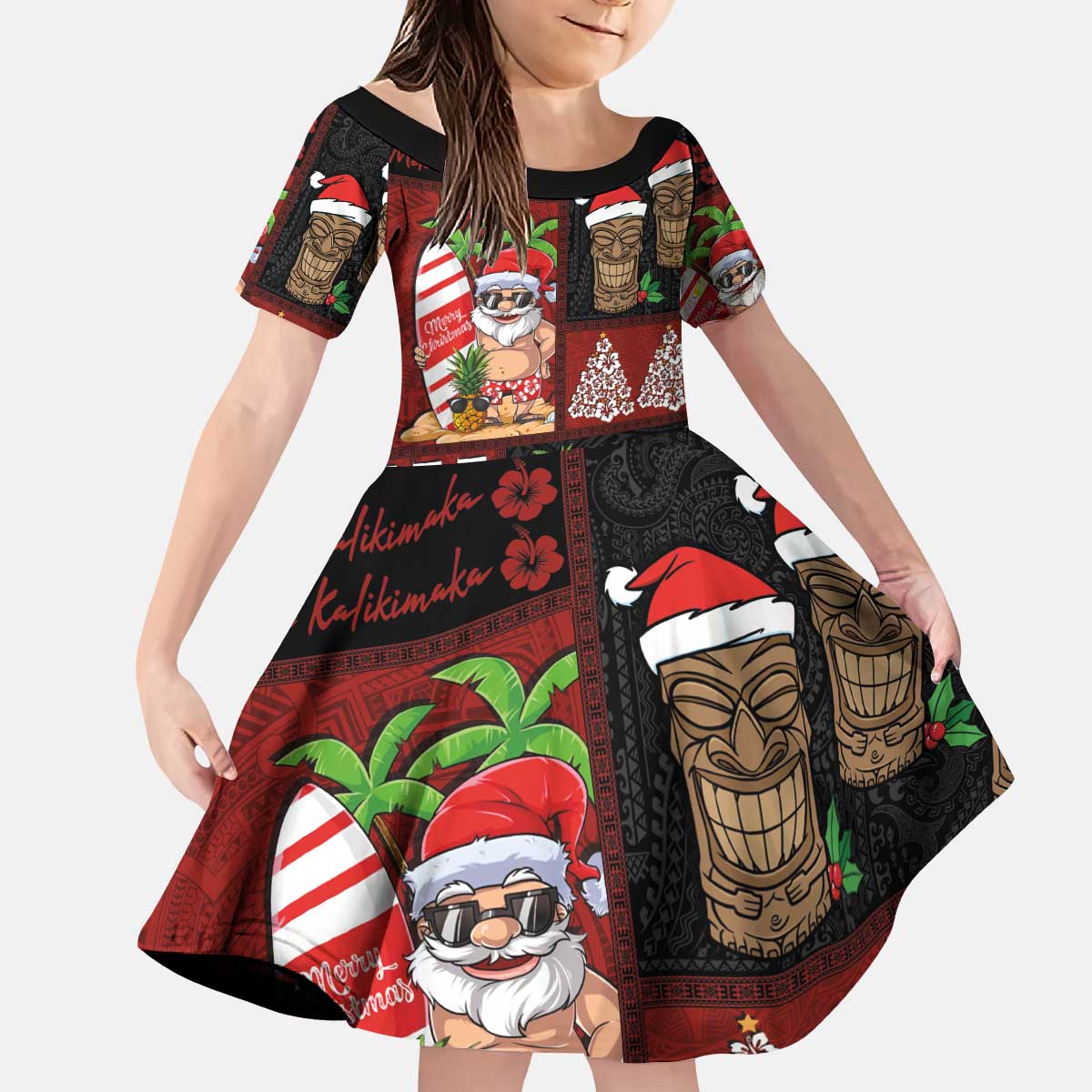 Hawaiian Christmas Kid Short Sleeve Dress - Mele Kalikimaka Island Holiday Vibes - Black Red LT03 KID Black - Red - Polynesian Pride