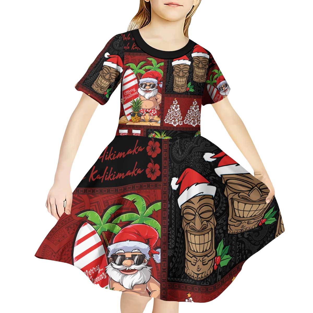 Hawaiian Christmas Kid Short Sleeve Dress - Mele Kalikimaka Island Holiday Vibes - Black Red LT03 - Polynesian Pride